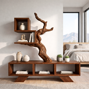 Solid Wood Sculptural Bookshelf with Tree Form Organic Modern Display Shelf Storage Unit