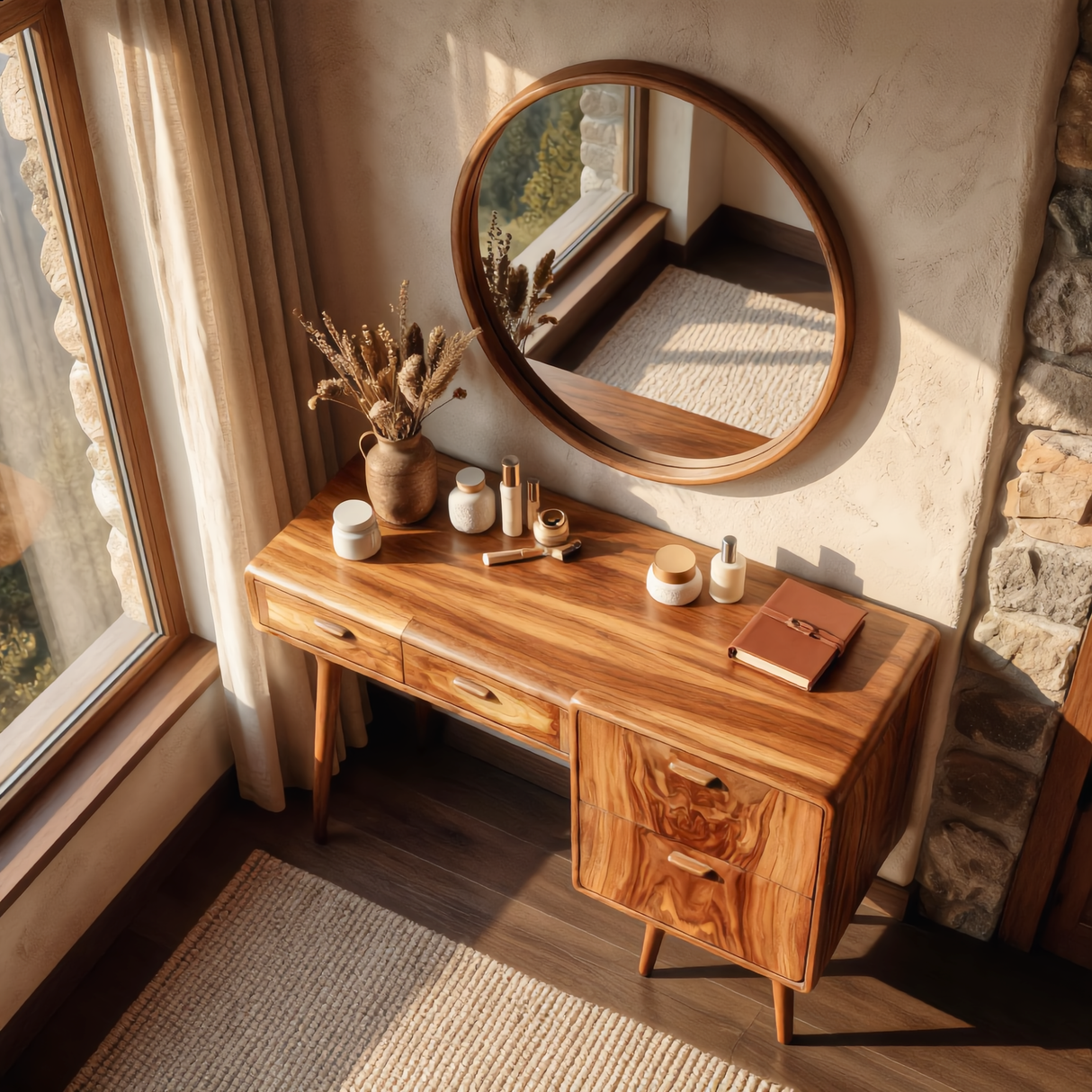 Wood Vanity Table with Side Storage Drawers, Mid Century Modern Dressing Table for Bedroom