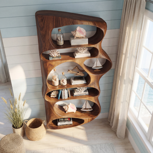 Wall Mounted Sculptural Wood Shelf with Flowing Open Niches