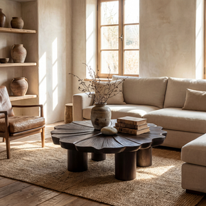 Sculptural Solid Wood Coffee Table with Textured Floral Top