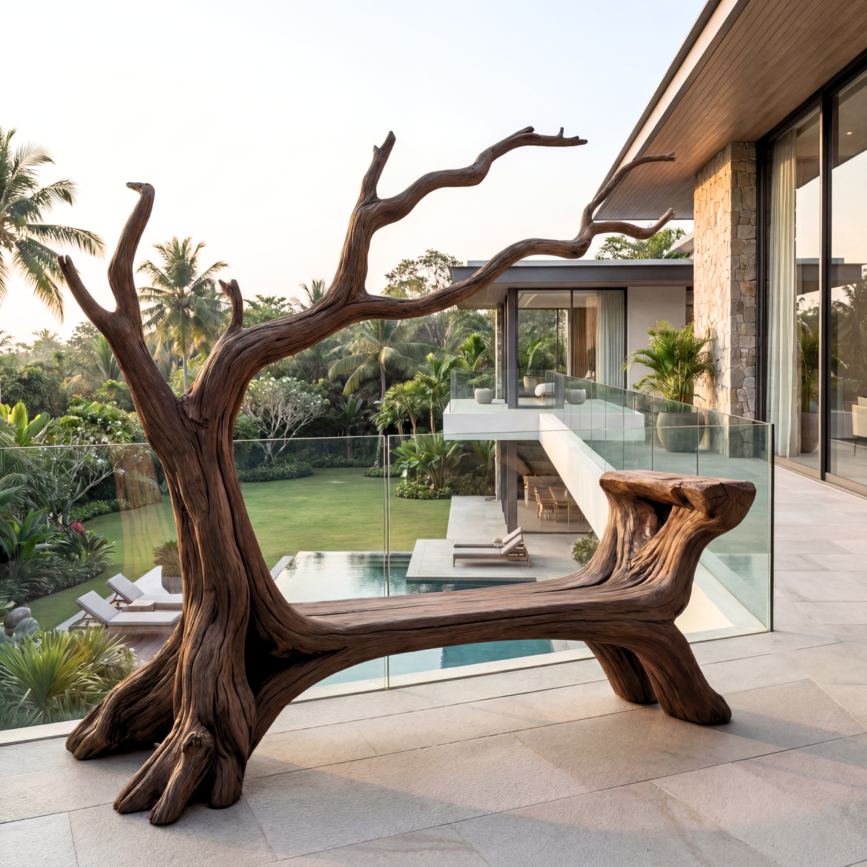 Handmade Natural Tree Wooden Bench Sculpture