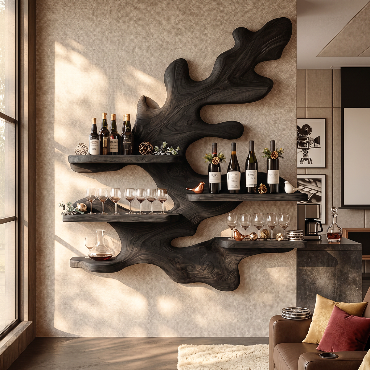 Sculptural Solid Wood Wine Rack with Organic Branch Shelves