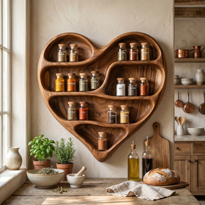 Solid Wood Heart Spice Rack with Organic Multi-Level Open Shelves