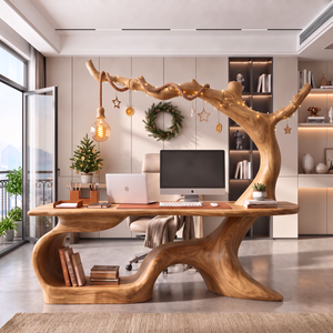 Handmade Solid Wood Tree Desk With Hanging Lamp Organic Modern Sculptural Office Table