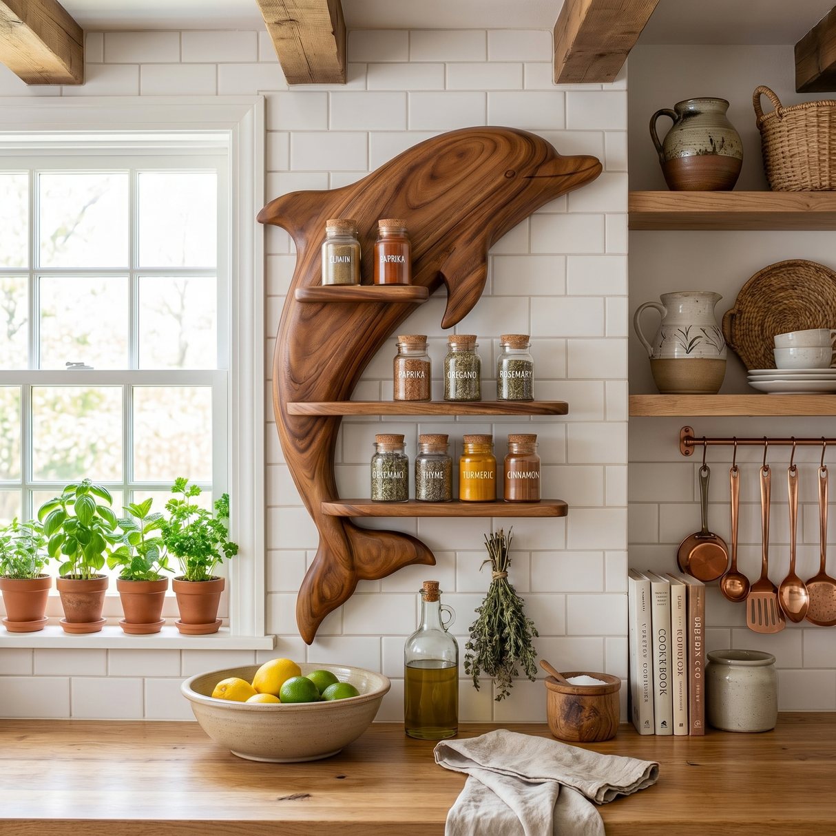 Solid Wood Dolphin Wall Spice Shelf with Three Tier Kitchen Storage