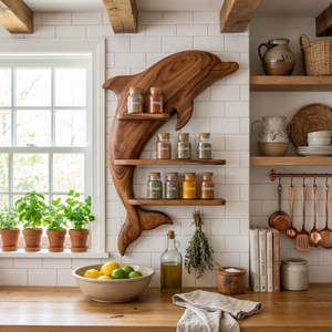 Solid Wood Dolphin Wall Spice Shelf with Three Tier Kitchen Storage