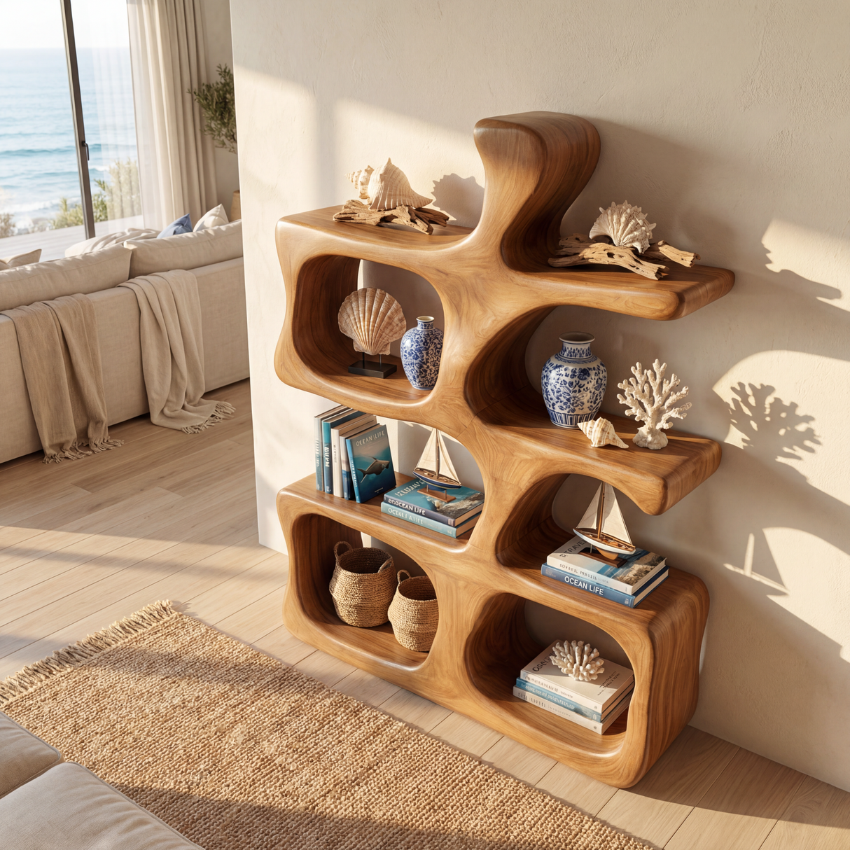 Sculptural Organic Wood Display Shelf with Open Compartments
