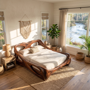 Sculptural Solid Wood Bed Frame with Organic Curved Headboard