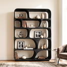 Rounded Solid Wood Bookcase with Organic Grid Shelving and Open Display Compartments