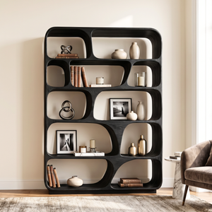 Rounded Solid Wood Bookcase with Organic Grid Shelving and Open Display Compartments