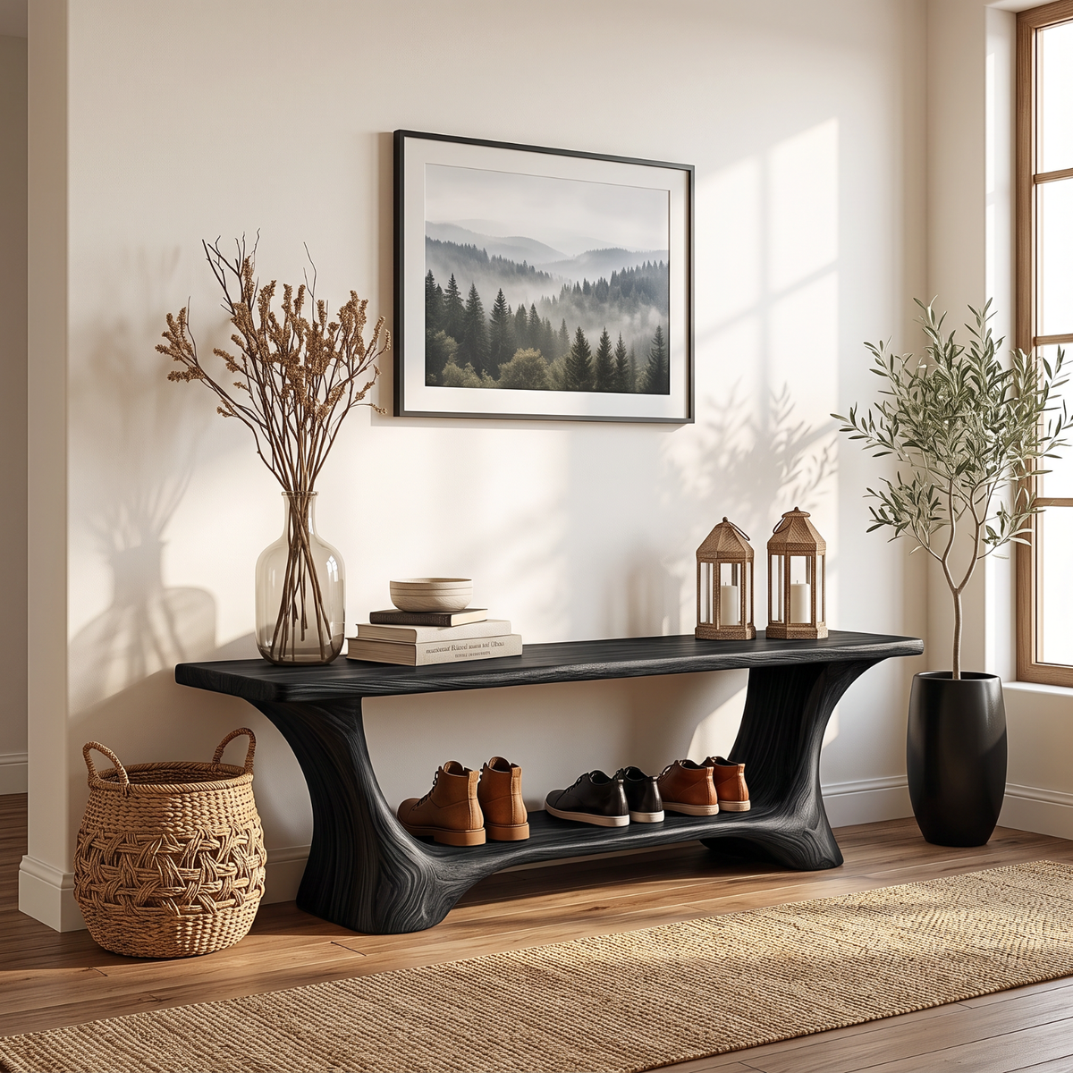 Handcrafted Solid Wood Shoe Bench with Open Storage Shelf