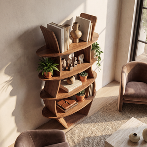 Curved Tiered Wood Corner Display Shelf with Open Round Shelving