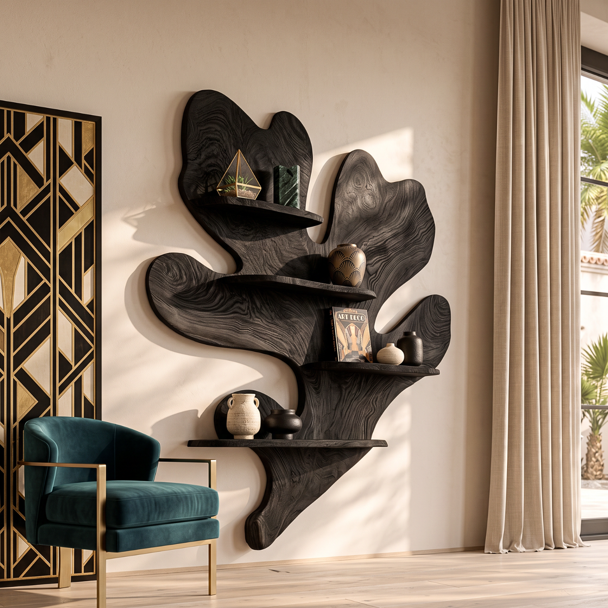 Solid Wood Wall Shelf with Organic Freeform Design for Living Room Decor