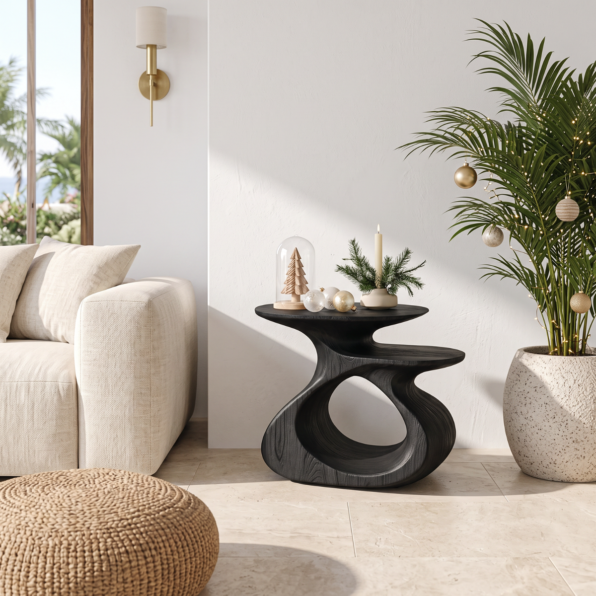 Sculptural Solid Wood Side Table with Open Loop Base and Offset Shelf