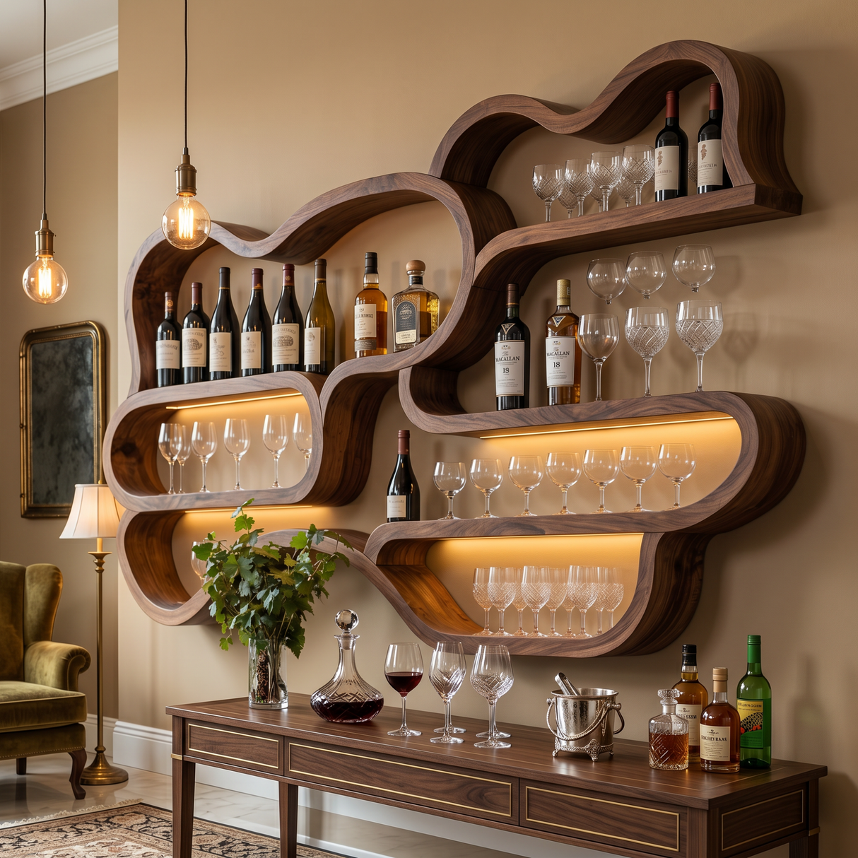 Organic Solid Wood Wall-Mounted Wine Rack with Flowing Shelves