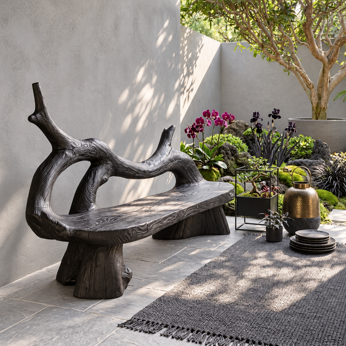 Organic Solid Wood Bench with Flowing Branch Backrest and Sculptural Base