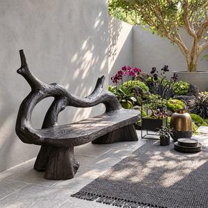 Organic Solid Wood Bench with Flowing Branch Backrest and Sculptural Base