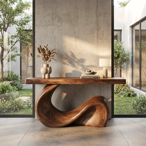 Console Table Solid Wood with Sculptural Wave Base for Entryway Decor