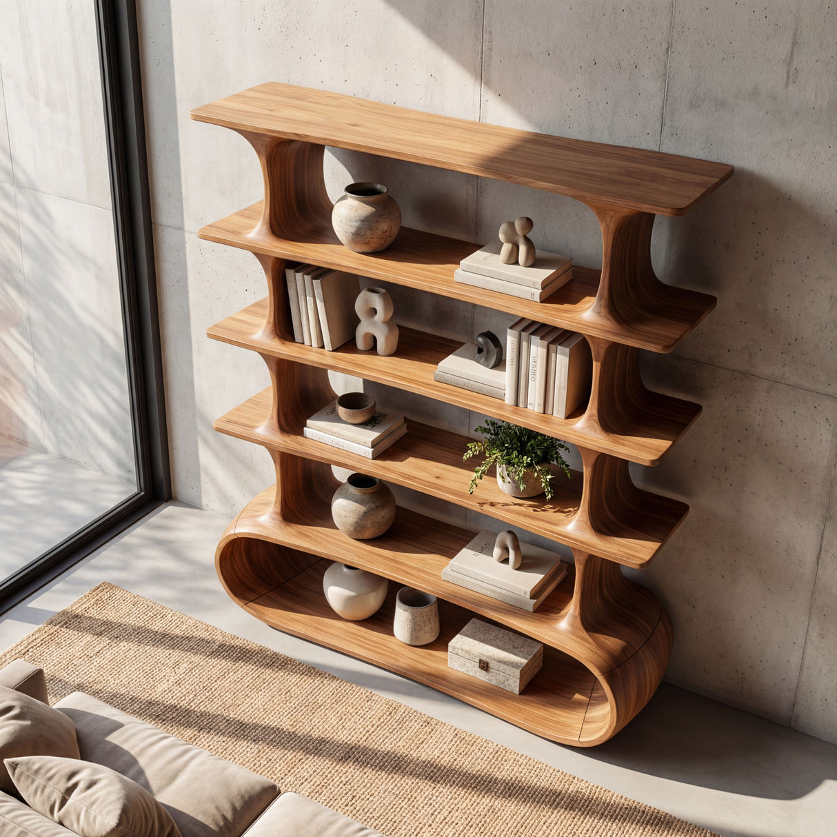 Modern Tiered Curve Wood Shelf for Books and Decorative Display