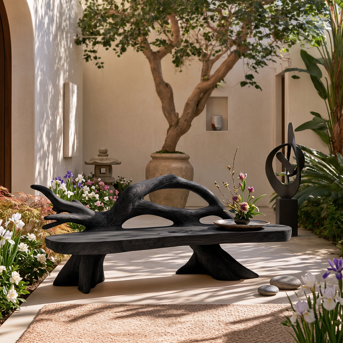 Sculptural Solid Wood Garden Bench with Organic Open Backrest
