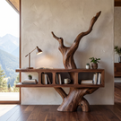 Sculptural Solid Wood Bookshelf with Tree Form Organic Modern Display Shelf Storage Unit