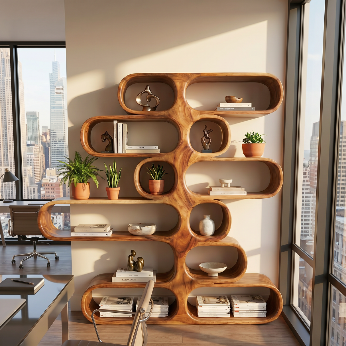 Handcrafted Solid Wood Organic Bookshelf with Rounded Open Display Shelves