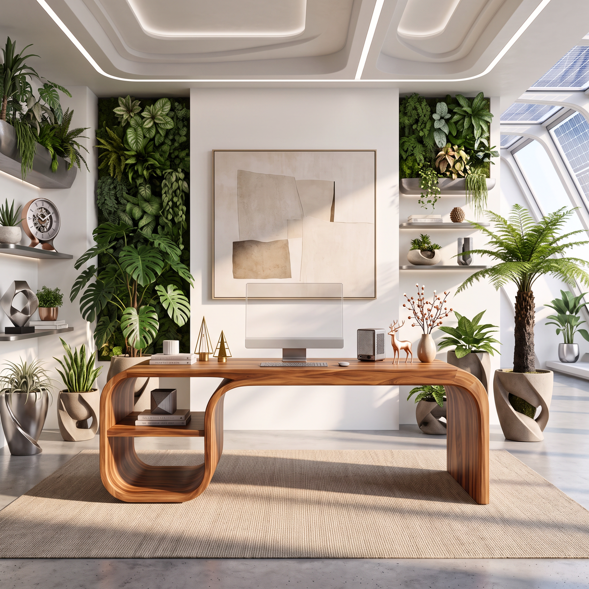 Sculptural Curved Solid Wood Desk With Open Shelf For Home Office
