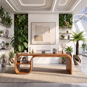 Sculptural Curved Solid Wood Desk With Open Shelf For Home Office