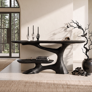 Handcrafted Solid Wood Console Table with Sculptural Branch Base and Floating Shelf