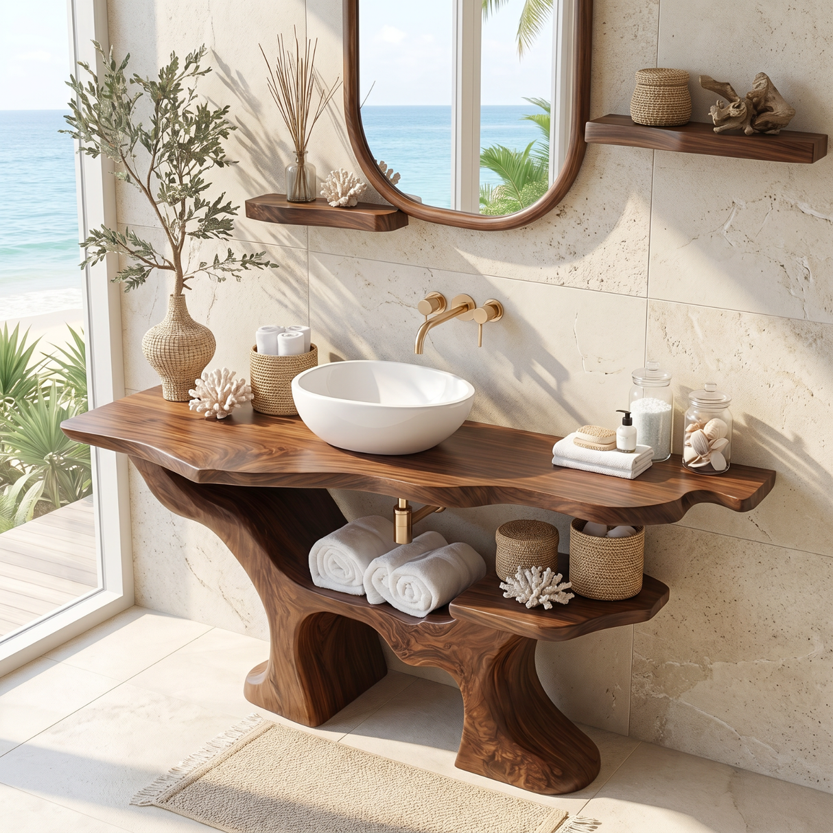 Solid Wood Bathroom Vanity with Organic Branch Base and Open Shelf