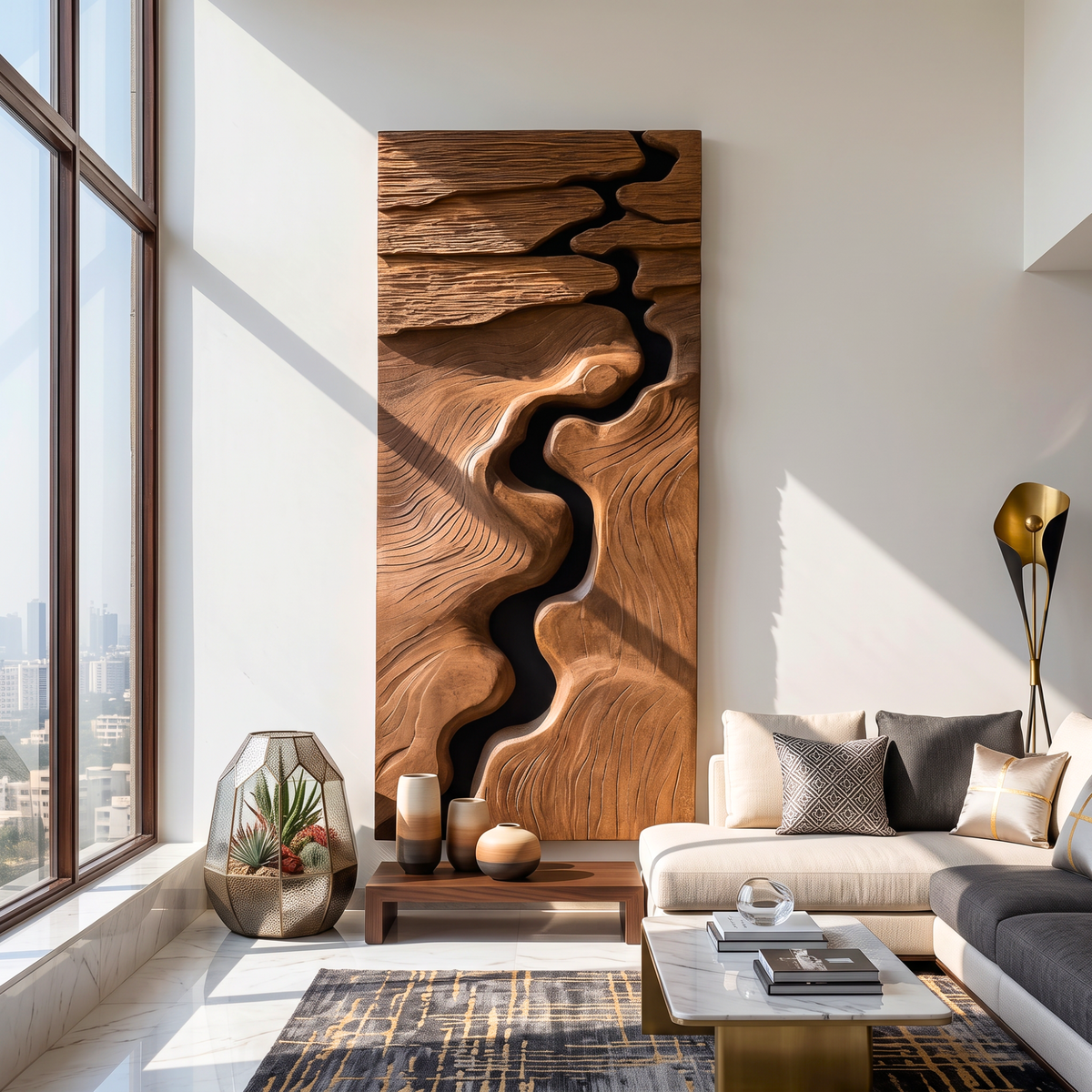 Canyon Inspired Solid Wood Wall Art with Flowing River Carving and Textured Relief