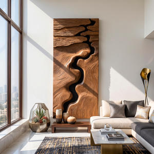 Canyon Inspired Solid Wood Wall Art with Flowing River Carving and Textured Relief