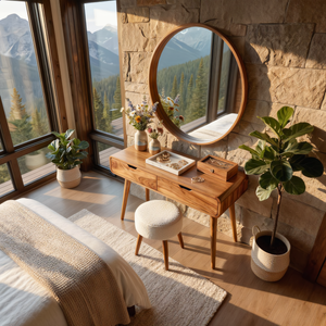 Rounded Wood Vanity Table with Two Drawers, Minimalist Dressing Table for Modern Bedrooms