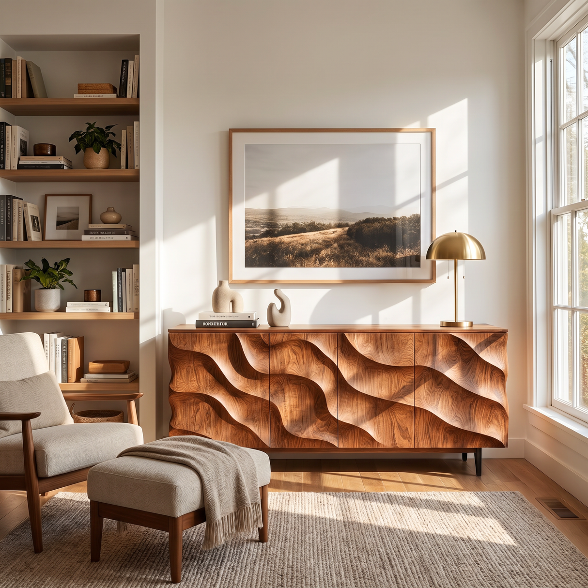 Sideboard Solid Wood with Sculptural Cascade Relief Doors for Living Room Decor