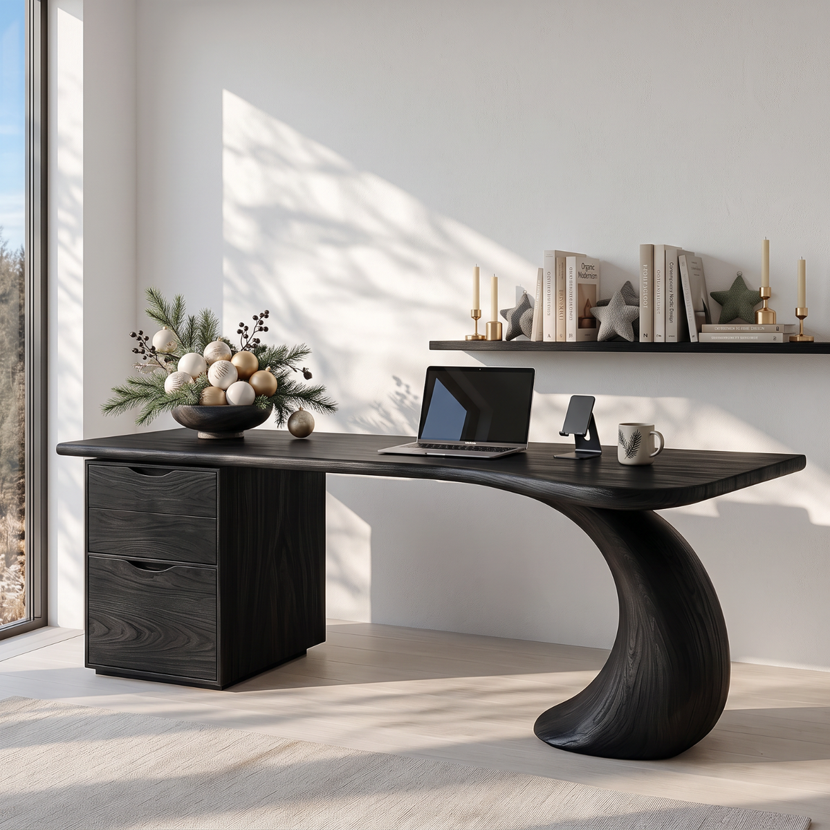 Organic Solid Wood Desk with Sculptural Curved Leg and Two Drawer Cabinet