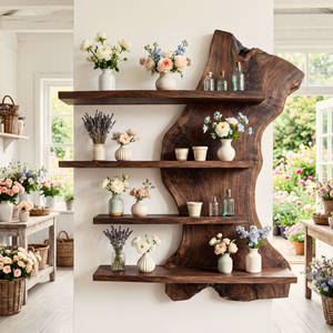 Organic Live Edge Solid Wood Wall Shelf Floating Multi Tier Display for Modern Interior