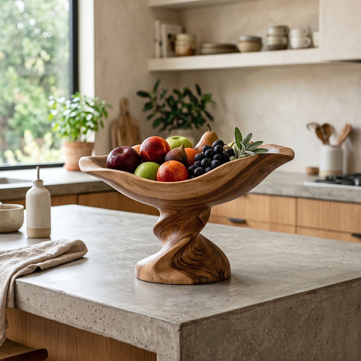Raised Solid Wood Fruit Bowl with Sculptural Pedestal Base and Flowing Boat Shape