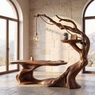 Organic Solid Wood Desk with Hanging Light Tree Inspired Writing Table Sculptural Modern Workspace