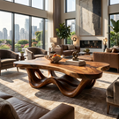 Handcrafted Solid Wood Coffee Table with Waveform Open Base