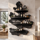 Sculptural Leaf Solid Wood Wall Mounted Wine Rack with Four Display Shelves