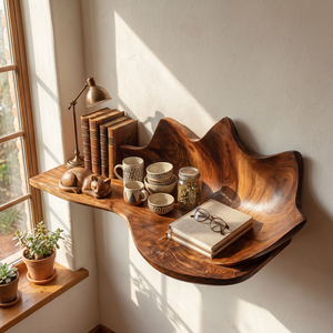 Handcrafted Solid Wood Sculpted Leaf Wall Shelf with Curved Display Tray