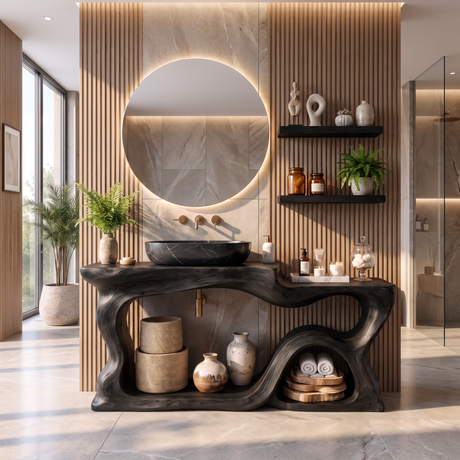 Bathroom Vanity Solid Wood with Sculptural Wave Frame and Open Storage
