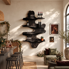 Cascading Solid Wood Wall Wine Rack with Four Sculptural Display Shelves