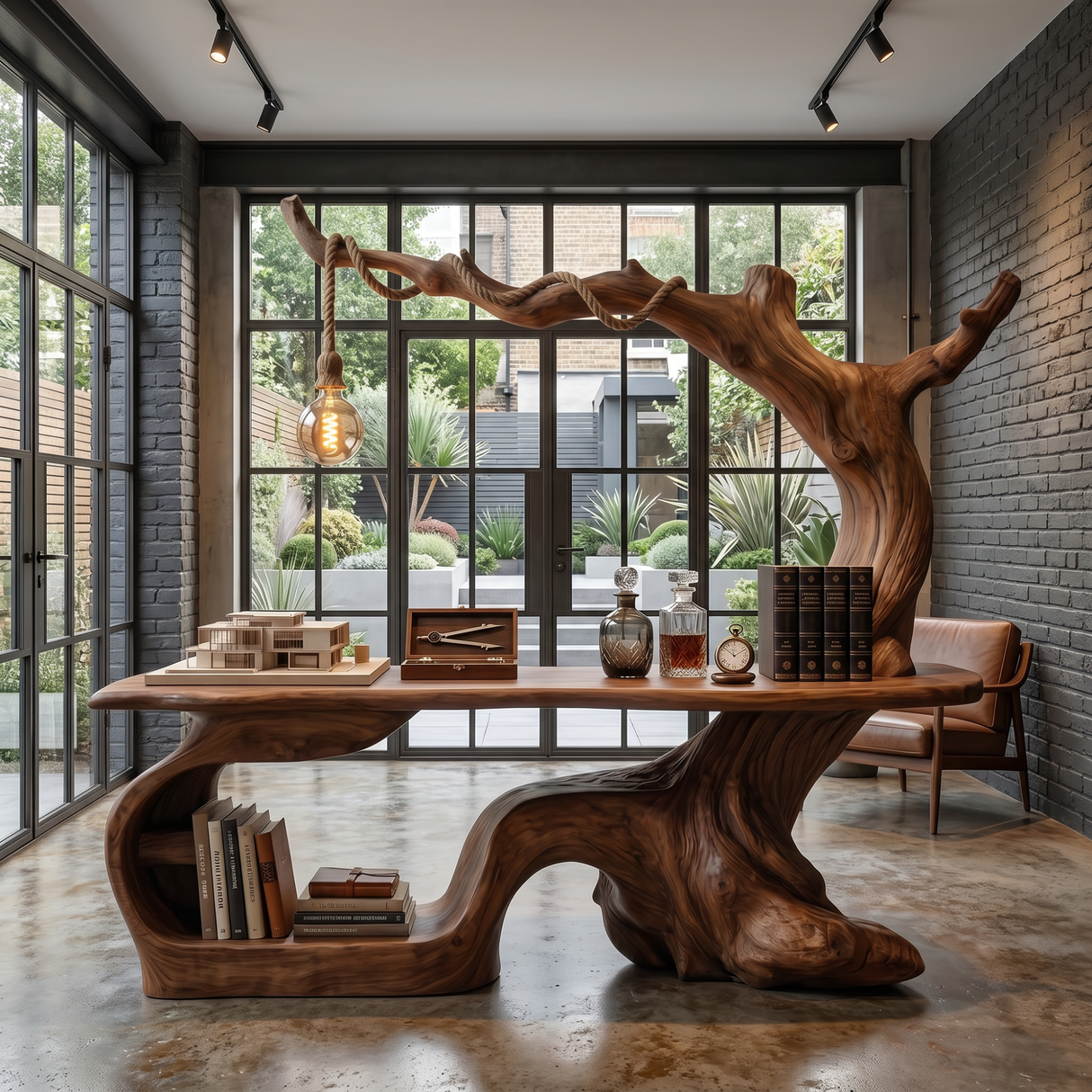 Handmade Solid Wood Tree Desk With Hanging Lamp Organic Modern Sculptural Office Table