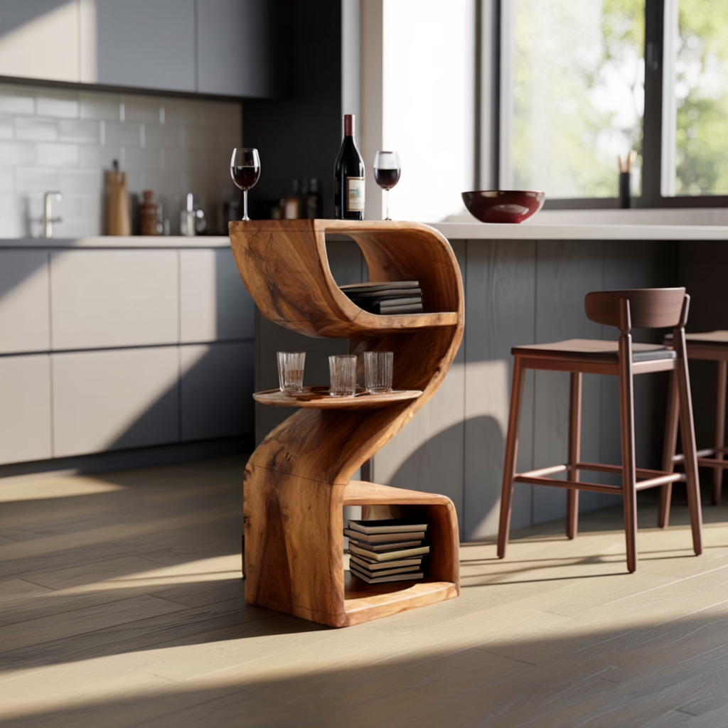 Solid Wood Sculptural Side Table with Curved Storage for Living Room
