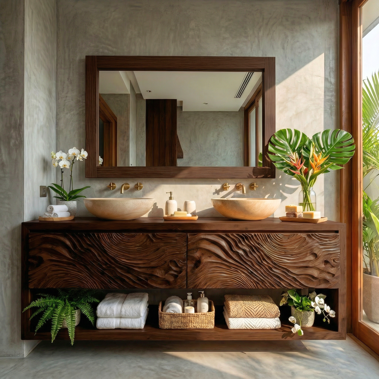 Double Vanity Cabinet with Carved Wave Front and Open Shelf