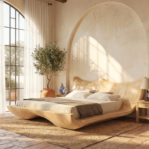 Sculptural Wood Platform Bed with Organic Wave Headboard, Modern Statement Bed Frame for Minimalist Interiors