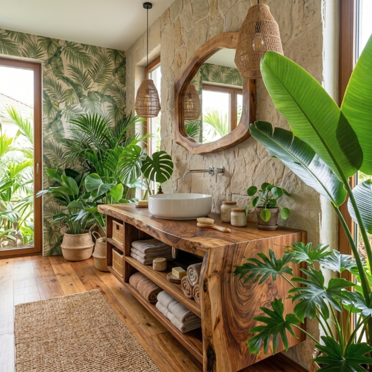 Solid Wood Bathroom Vanity with Open Storage and Vessel Sink