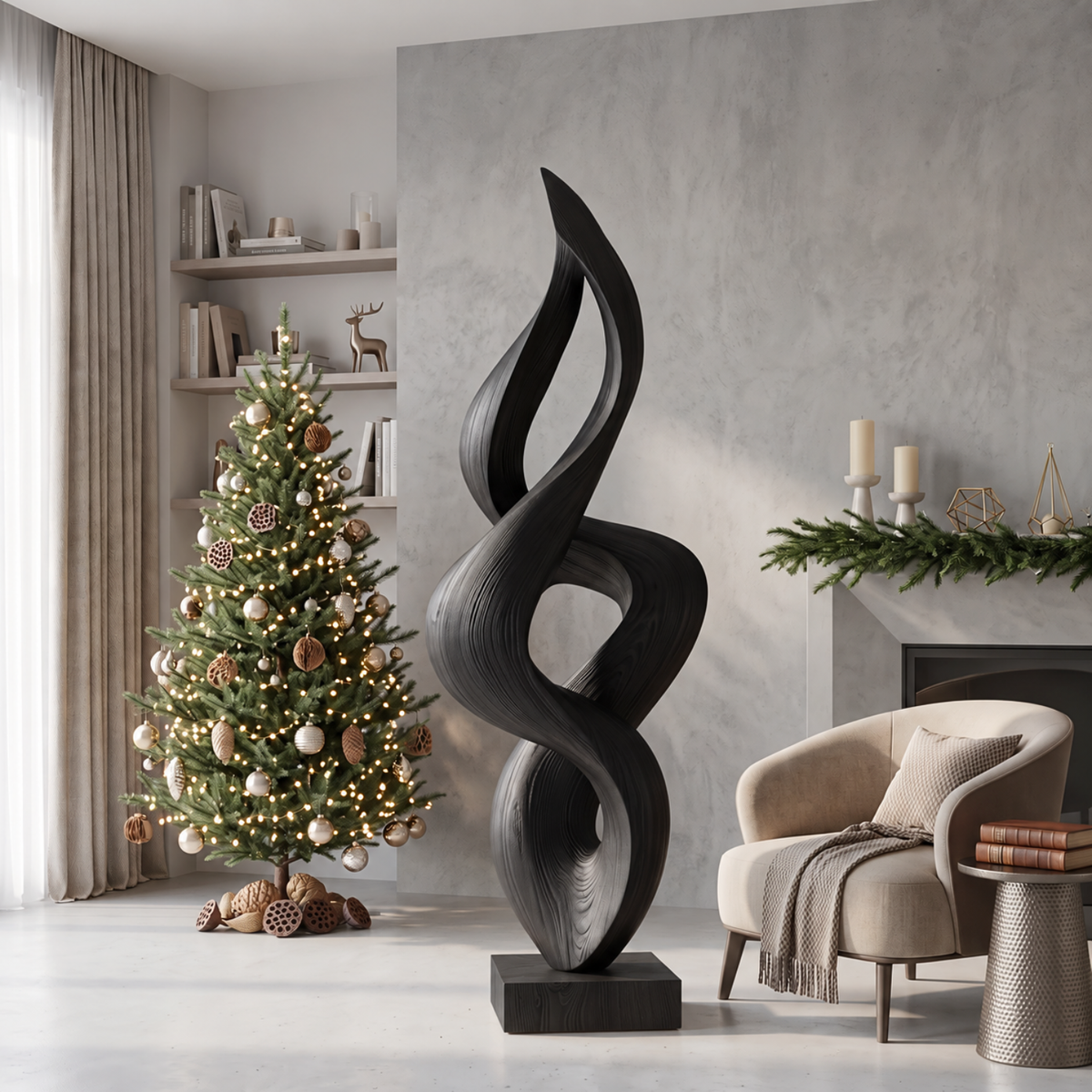 Handcrafted Abstract Twisted Solid Wood Sculpture for Modern Interior Decor