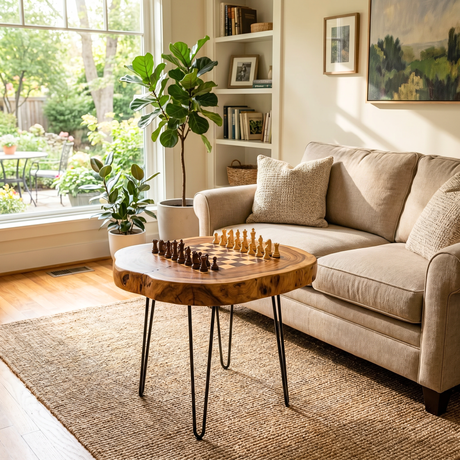 Round Solid Wood Chess Coffee Table with Organic Edge and Hairpin Legs